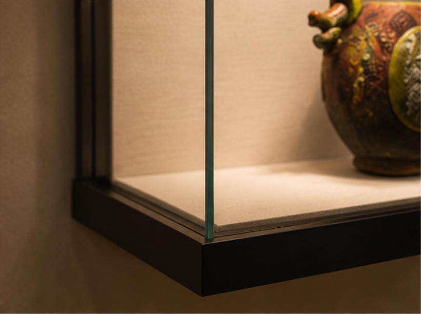 Square Wall-Mounted Artifact Display Niche | Museum Showcase 8 Black frame, glass enclosure and quilted interior material details